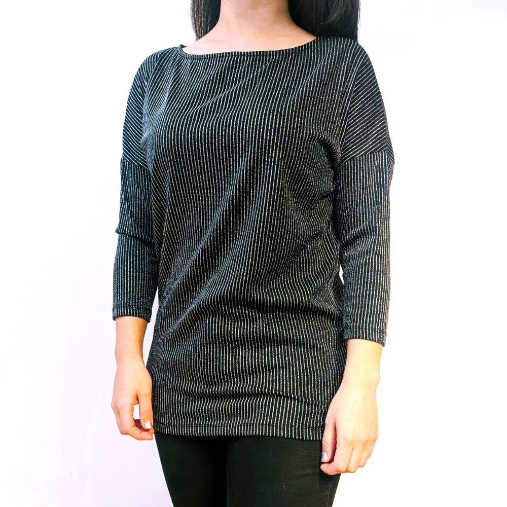 Le Château Black and Metallic Stripe Shirt - Size M